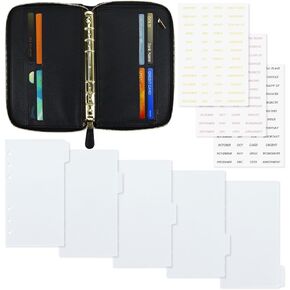 Koqye A6 PU Leather Cash Envelope Wallet-الموثق الميزانية مع سستة ، جيوب وملصقات مقسمات واضحة ، منظم أموال الكل في واحد للمظاهر النقدية وتخطيط الميزانية (أسود)