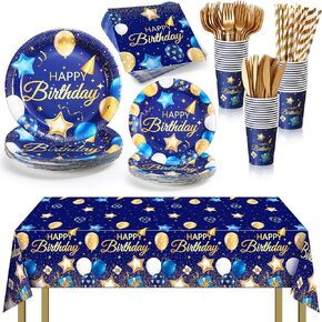 Norme 176 PCS Navy Blue Birthday Tableware مجموعة ديكور عيد ميلاد تشمل لوحات المائدة لوحات الورق المناديل مناديل أكواب الورق الشوكات السكاكين والقش لـ 25 ضيوفًا لحفلات (Navy Blue ، Silver)