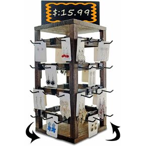 Wooden Foldable Jewelry Display Stand with advertising board Removable 32 Hooks, For Earring Cards necklace bracelet Keychain Jewelry Organizer For Selling For vendor events (vintage)