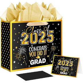 Jaywayang 12.6" Large Black and Gold Graduation Gift Bag, 2025 Congrats Grad Desgin Gift Bag with Tissue Paper and Card for High School, College Graduation Season Theme Party. in Saudi Arabia