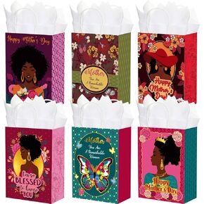 Sweetude 24 Pcs African American Mother's Day Gift Bags with Tissue Paper, Happy Mother's Day Paper Bags Gift Wrap Bags with Handle for Black Mom Grandma Mother's Day Birthday Party Decor