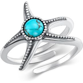 Starfish Ring for Women 925 Sterling Silver Natural Turquoise Ocean Beachy Rings Boho Promise Statement Ring Summer Jewelry Gifts for Mom Wife