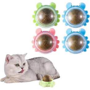 4 Pack Catnip Ball Anxiety Relief Cat Edible Toy Ball for Licking Indoor Wall Magic Mint Stick Up 360° Rotatable Play Chew Teeth Cleaning