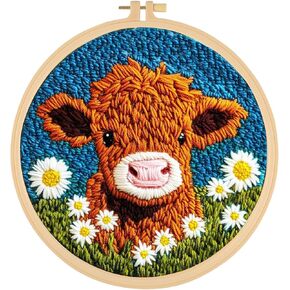 مجموعة إبرة Gllbtpt Punch للبالغين المبتدئين - Cartoon Highland Cow مع مجموعة التطريز Daisy Flower DIY ، وتشمل قطعة قماش مطبوعة ، وحزمة خيط القطن ، والإبرة ، والإطار والتعليمات (البقر الأصفر)