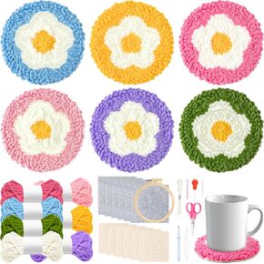 WATINC Flower Punch Needle Coaster Kit - 22Pcs Easy Art Work Decor Craft Supply for Beginners, DIY Set of 6 Flowers Pattern Tufted Rug Pads with Adhesive Felt Yarns Embroidery Hoop Tools Instruction
