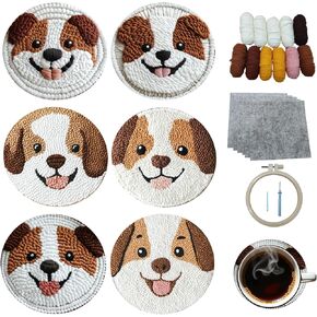 Xinpinzhou 6pcs Dog Punch Needle Coaster Kit for Kids Beginners Adults, Complete Punch Needle Stitching Embroidery Art Coasters Kit for Kids Adult Beginner Animal Punch Needling Coaster