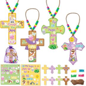 Beyumi Easter Cross Necklace Craft - 28pcs عيد الفصح Denter Cross Necklace Kit Kids DIY هو ملصق صاعد والخرز ديكور مسيحي أنشطة الحفلات في مدرسة الأحد