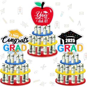 3 PCS التخرج حامل أموال نقدًا 2025 هدية التخرج كعكة نقدية خشبية مع 60 حفرة من ثقب DIY Money Holder Gift for Amertary Congrats Grad Party Supplies