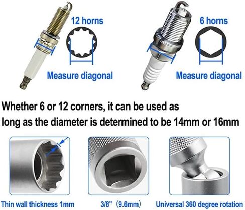 YSIL 14MM & 16MM Magnetic Swivel Spark Plug Socket 16mm Thin Wall 12-Point 3/8 Inch Drive Spark Plug Socket Removel Tool 4" Length Compatible with Most Cars Motorcycles SUVs in Saudi Arabia