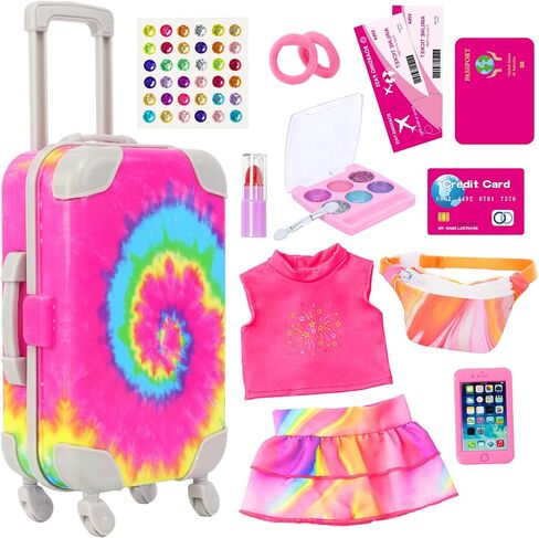 K.T. Fancy 14 PCS American 18 Inch Doll Travel Accessories Set - Rainbow Tie-Dye Suitcase Luggage with Waist Bag, Clothes, Makeup Kit, Phone Passport & Stickers (No Doll Included) Gift for Girls in Saudi Arabia
