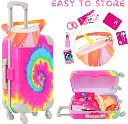 K.T. Fancy 14 PCS American 18 Inch Doll Travel Accessories Set - Rainbow Tie-Dye Suitcase Luggage with Waist Bag, Clothes, Makeup Kit, Phone Passport & Stickers (No Doll Included) Gift for Girls in Saudi Arabia
