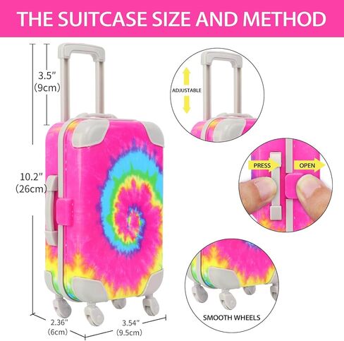 K.T. Fancy 14 PCS American 18 Inch Doll Travel Accessories Set - Rainbow Tie-Dye Suitcase Luggage with Waist Bag, Clothes, Makeup Kit, Phone Passport & Stickers (No Doll Included) Gift for Girls in Saudi Arabia