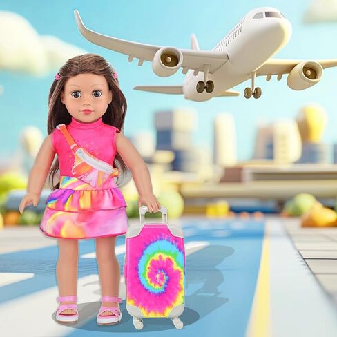 K.T. Fancy 14 PCS American 18 Inch Doll Travel Accessories Set - Rainbow Tie-Dye Suitcase Luggage with Waist Bag, Clothes, Makeup Kit, Phone Passport & Stickers (No Doll Included) Gift for Girls in Saudi Arabia