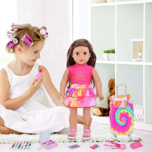 K.T. Fancy 14 PCS American 18 Inch Doll Travel Accessories Set - Rainbow Tie-Dye Suitcase Luggage with Waist Bag, Clothes, Makeup Kit, Phone Passport & Stickers (No Doll Included) Gift for Girls in Saudi Arabia