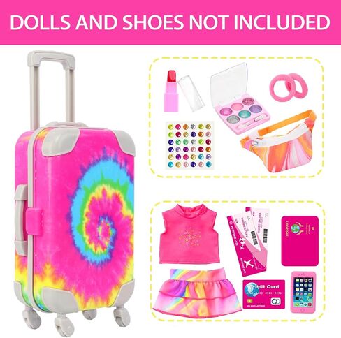 K.T. Fancy 14 PCS American 18 Inch Doll Travel Accessories Set - Rainbow Tie-Dye Suitcase Luggage with Waist Bag, Clothes, Makeup Kit, Phone Passport & Stickers (No Doll Included) Gift for Girls in Saudi Arabia