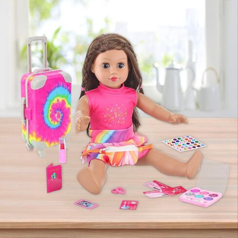 K.T. Fancy 14 PCS American 18 Inch Doll Travel Accessories Set - Rainbow Tie-Dye Suitcase Luggage with Waist Bag, Clothes, Makeup Kit, Phone Passport & Stickers (No Doll Included) Gift for Girls in Saudi Arabia