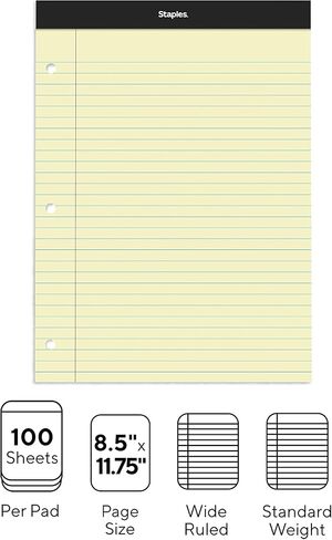 STAPLES Notepads, 8.5" x 11.75", Wide Ruled, Canary, 100 Sheets/Pad, 6 Pads/Pack (ST57349) in Saudi Arabia