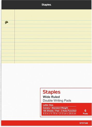 STAPLES Notepads, 8.5" x 11.75", Wide Ruled, Canary, 100 Sheets/Pad, 6 Pads/Pack (ST57349) in Saudi Arabia