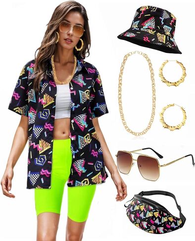 Verceco 80s 90s Outfits for Women Unisex Hip Hop Women Costume Accessory Sets Retro 90s Themed Party Outfits 7PC in Saudi Arabia