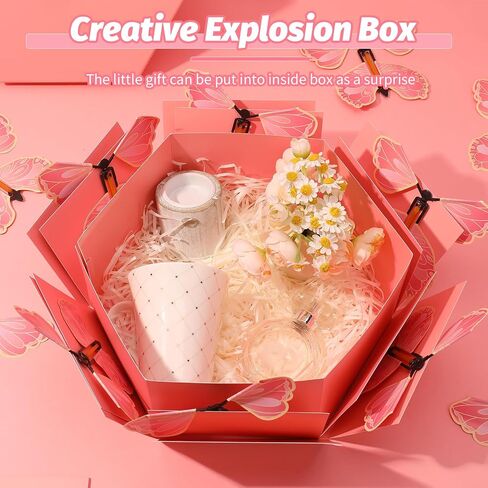Butterfly Explosion Gift Box, Flying Butterfly Surprise Box, Exploding Butterfly Birthday Box with 12 Pcs Flying Butterfly Toy for Birthday, Wedding, Anniversaries, Christmas (Pink) in Saudi Arabia