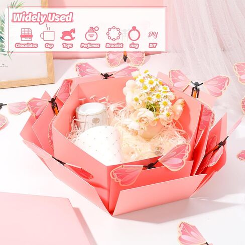 Butterfly Explosion Gift Box, Flying Butterfly Surprise Box, Exploding Butterfly Birthday Box with 12 Pcs Flying Butterfly Toy for Birthday, Wedding, Anniversaries, Christmas (Pink) in Saudi Arabia