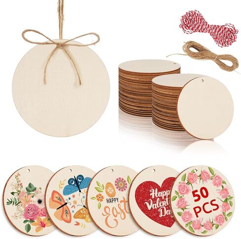 Philorn 50pcs Wooden Ornaments for Crafts 3.5" Unfinished DIY Wooden Christmas Ornaments, Predrilled Wood Slices Circles for Crafts Paint Holiday Hanging Decorations (50pc Rounds) in Saudi Arabia