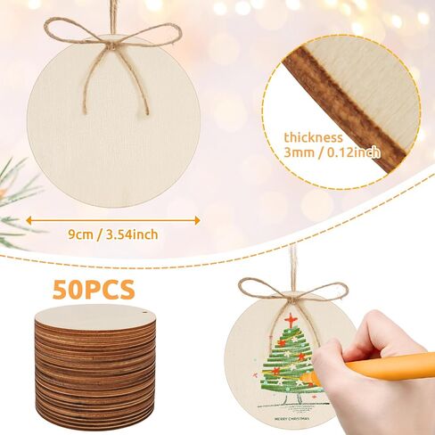 Philorn 50pcs Wooden Ornaments for Crafts 3.5" Unfinished DIY Wooden Christmas Ornaments, Predrilled Wood Slices Circles for Crafts Paint Holiday Hanging Decorations (50pc Rounds) in Saudi Arabia