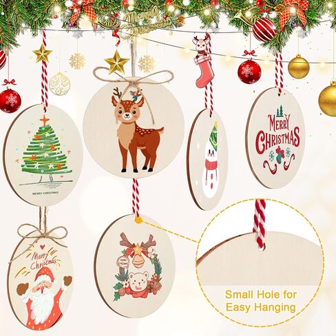 Philorn 50pcs Wooden Ornaments for Crafts 3.5" Unfinished DIY Wooden Christmas Ornaments, Predrilled Wood Slices Circles for Crafts Paint Holiday Hanging Decorations (50pc Rounds) in Saudi Arabia