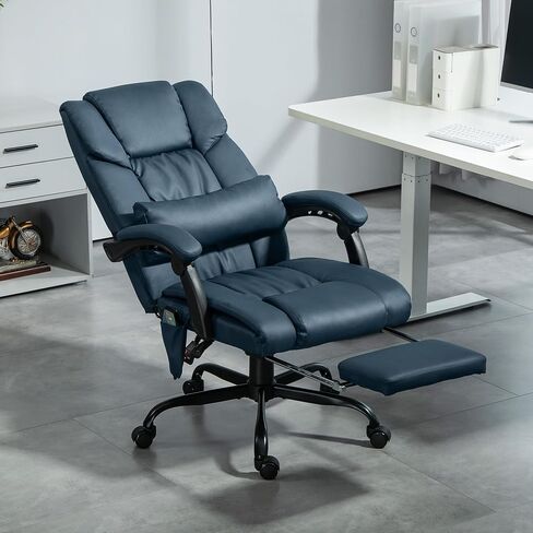 Vinsetto High Back Massage Office Chair with 6 Vibration Points, PU Leather Reclining Computer Chair, Ergonomic Desk Chair with Footrest Adjustable Height and Remote, Blue in Kuwait