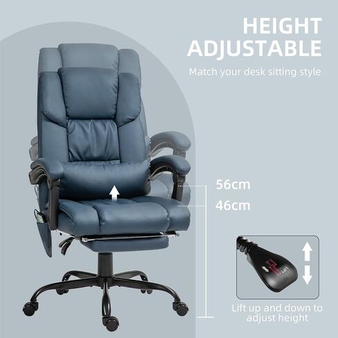 Vinsetto High Back Massage Office Chair with 6 Vibration Points, PU Leather Reclining Computer Chair, Ergonomic Desk Chair with Footrest Adjustable Height and Remote, Blue in Kuwait