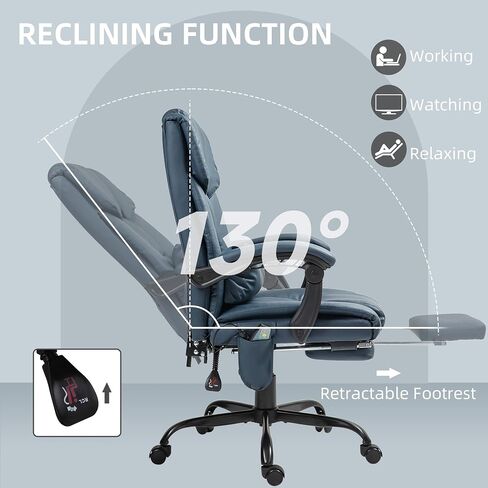 Vinsetto High Back Massage Office Chair with 6 Vibration Points, PU Leather Reclining Computer Chair, Ergonomic Desk Chair with Footrest Adjustable Height and Remote, Blue in Kuwait