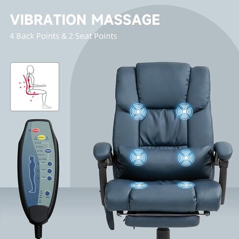 Vinsetto High Back Massage Office Chair with 6 Vibration Points, PU Leather Reclining Computer Chair, Ergonomic Desk Chair with Footrest Adjustable Height and Remote, Blue in Kuwait