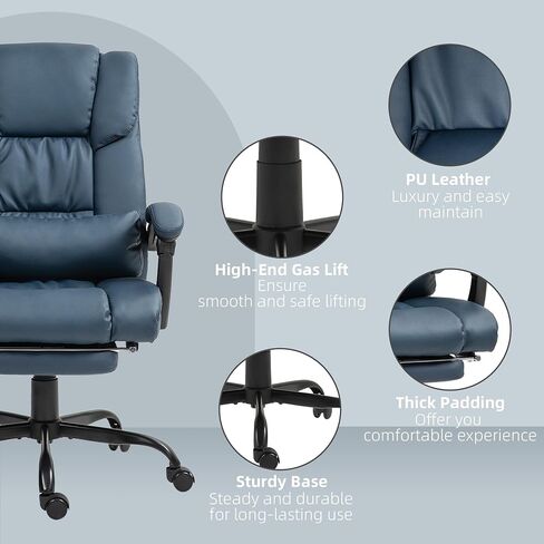Vinsetto High Back Massage Office Chair with 6 Vibration Points, PU Leather Reclining Computer Chair, Ergonomic Desk Chair with Footrest Adjustable Height and Remote, Blue in Kuwait