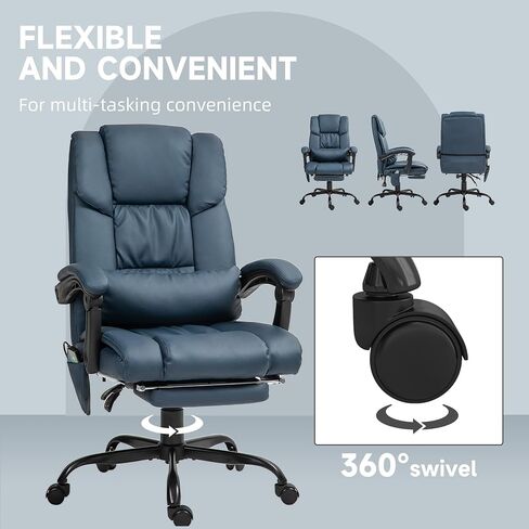 Vinsetto High Back Massage Office Chair with 6 Vibration Points, PU Leather Reclining Computer Chair, Ergonomic Desk Chair with Footrest Adjustable Height and Remote, Blue in Kuwait
