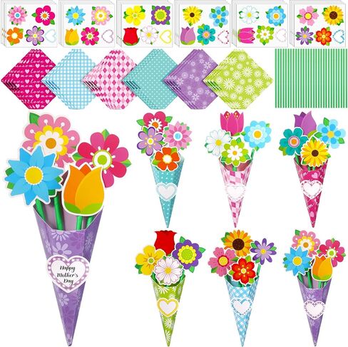 Kosiz 24 Sets Mother's Day Crafts for Kids Flower Bouquet Crafts Kit DIY Flower Bouquet Kit Make Your Own Mother's Day Floral Gifts for School Classroom DIY Gifts Activities Party Supplies(Retro) in Saudi Arabia