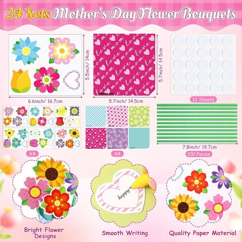 Kosiz 24 Sets Mother's Day Crafts for Kids Flower Bouquet Crafts Kit DIY Flower Bouquet Kit Make Your Own Mother's Day Floral Gifts for School Classroom DIY Gifts Activities Party Supplies(Retro) in Saudi Arabia