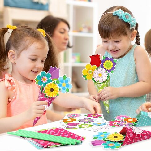 Kosiz 24 Sets Mother's Day Crafts for Kids Flower Bouquet Crafts Kit DIY Flower Bouquet Kit Make Your Own Mother's Day Floral Gifts for School Classroom DIY Gifts Activities Party Supplies(Retro) in Saudi Arabia