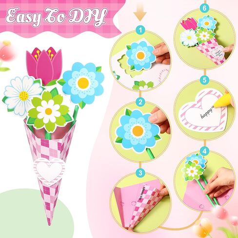 Kosiz 24 Sets Mother's Day Crafts for Kids Flower Bouquet Crafts Kit DIY Flower Bouquet Kit Make Your Own Mother's Day Floral Gifts for School Classroom DIY Gifts Activities Party Supplies(Retro) in Saudi Arabia