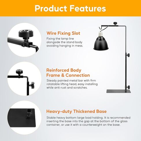 HealSmart Reptile Lamp Stand, Adjustable 16-32" with Metal Floor Light Holder and Support Bracket for Basking Lamps, Reptile Terrarium Heating Lights& Dome Lampshade in Kuwait