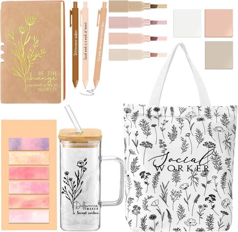 15 Pcs Social Worker Appreciation Gifts Include 16 oz Glass Cup Canvas Bag Leather Notebook Ballpoint Pens Aesthetic Sticky Notes Thank You Gifts for Women Social Worker Volunteer(Green) in Saudi Arabia