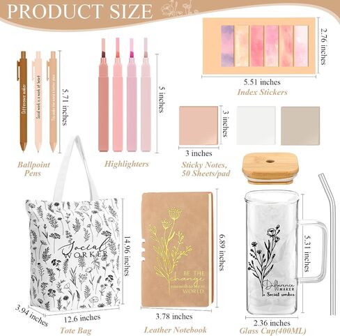 15 Pcs Social Worker Appreciation Gifts Include 16 oz Glass Cup Canvas Bag Leather Notebook Ballpoint Pens Aesthetic Sticky Notes Thank You Gifts for Women Social Worker Volunteer(Green) in Saudi Arabia