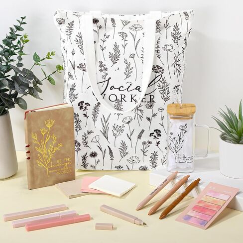 15 Pcs Social Worker Appreciation Gifts Include 16 oz Glass Cup Canvas Bag Leather Notebook Ballpoint Pens Aesthetic Sticky Notes Thank You Gifts for Women Social Worker Volunteer(Green) in Saudi Arabia