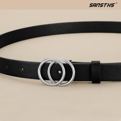SANSTHS Double Ring Leather Belts for Women O-Style Gold Buckle Skinny Dress Belt 0.86 inch Width for Jeans Pants in Saudi Arabia