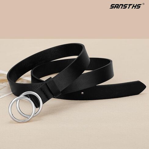 SANSTHS Double Ring Leather Belts for Women O-Style Gold Buckle Skinny Dress Belt 0.86 inch Width for Jeans Pants in Saudi Arabia