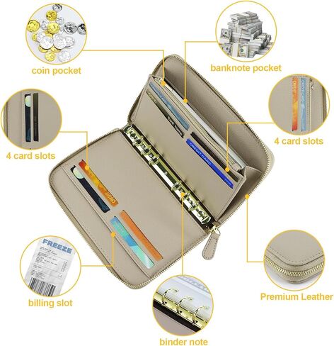 Koqye A6 PU Leather Cash Envelope Wallet-الموثق الميزانية مع سستة ، جيوب وملصقات مقسمات واضحة ، منظم أموال الكل في واحد للمظاهر النقدية وتخطيط الميزانية (أسود) in Kuwait