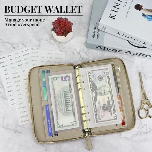 Koqye A6 PU Leather Cash Envelope Wallet-الموثق الميزانية مع سستة ، جيوب وملصقات مقسمات واضحة ، منظم أموال الكل في واحد للمظاهر النقدية وتخطيط الميزانية (أسود) in Kuwait