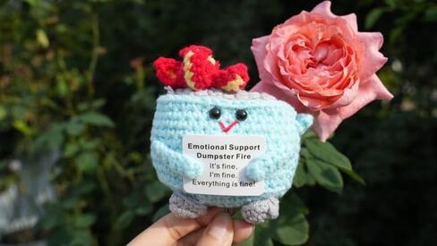 2PCS Emotional Support Dumpster Fire Desk Accessories, Positive Crochet Handmade Plush with It's fine Cards, Cute Work Desk Decor Gifts for Women Men (Pink and Blue) in Saudi Arabia
