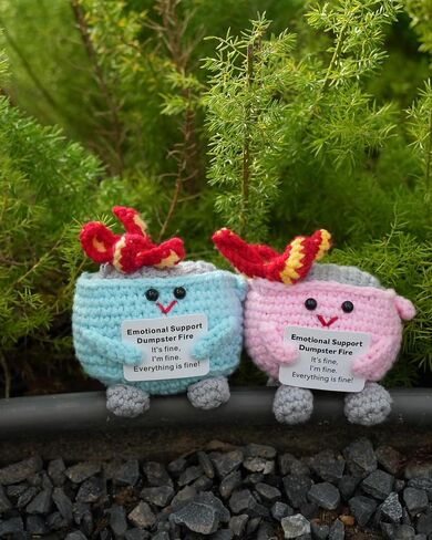 2PCS Emotional Support Dumpster Fire Desk Accessories, Positive Crochet Handmade Plush with It's fine Cards, Cute Work Desk Decor Gifts for Women Men (Pink and Blue) in Saudi Arabia