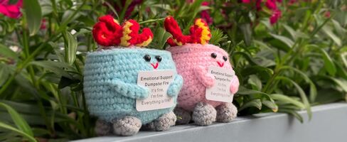 2PCS Emotional Support Dumpster Fire Desk Accessories, Positive Crochet Handmade Plush with It's fine Cards, Cute Work Desk Decor Gifts for Women Men (Pink and Blue) in Saudi Arabia