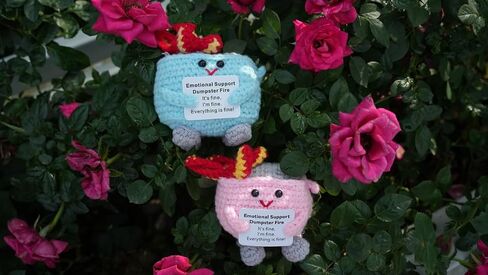 2PCS Emotional Support Dumpster Fire Desk Accessories, Positive Crochet Handmade Plush with It's fine Cards, Cute Work Desk Decor Gifts for Women Men (Pink and Blue) in Saudi Arabia